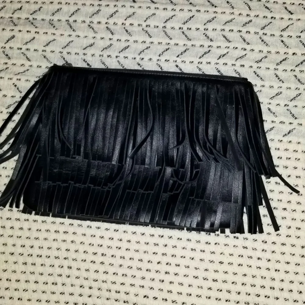 Yves Saint Laurent \ Black Leather Tassle Fringe Clutch